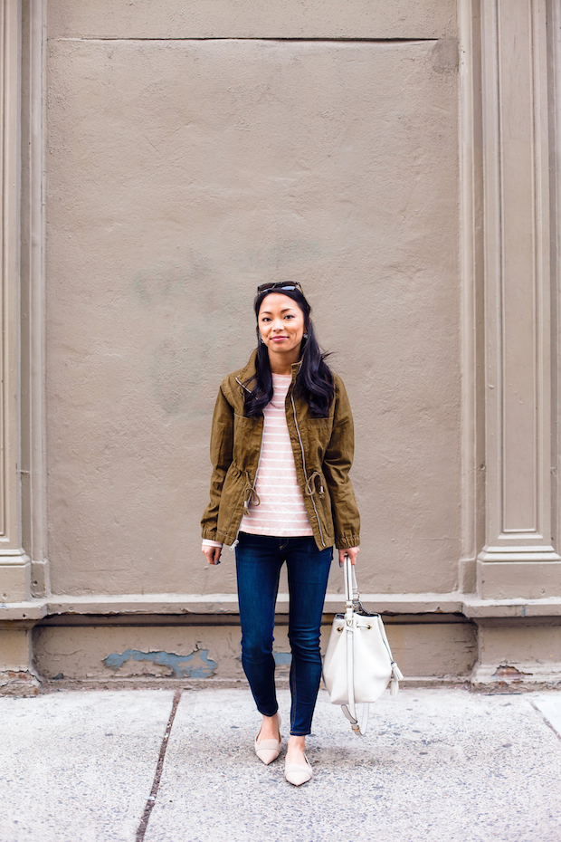 old navy striped tee, utility jacket, henri bendel, mgemi flats, christine petric, the view from 5 ft. 2