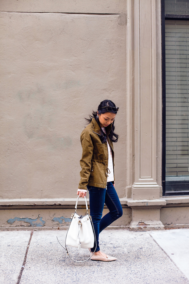 old navy striped tee, utility jacket, henri bendel, mgemi flats, christine petric, the view from 5 ft. 2