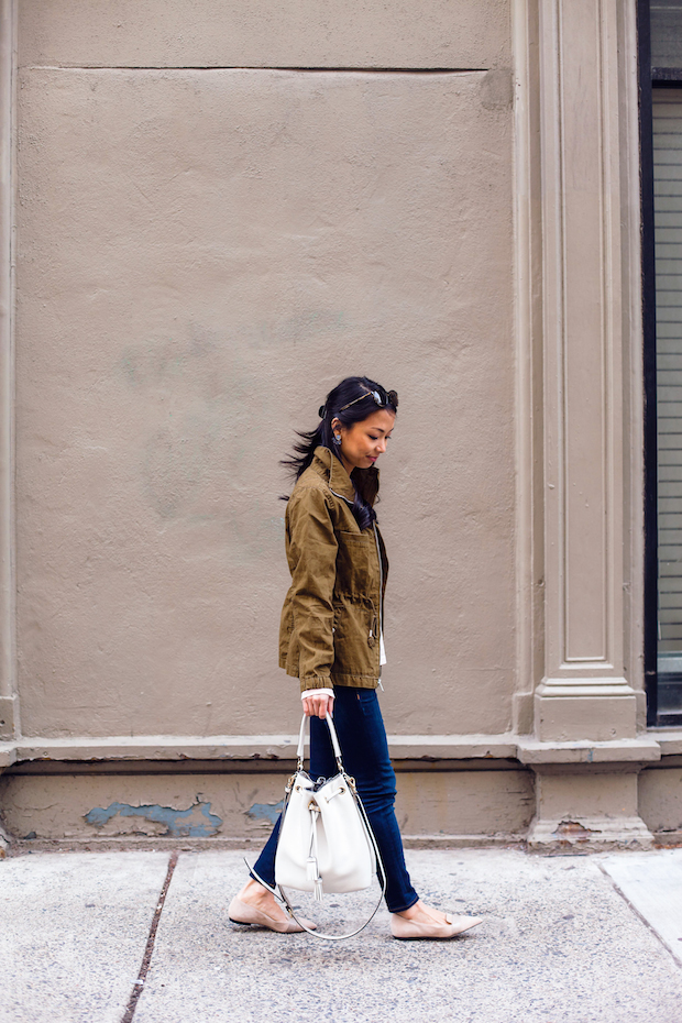 old navy striped tee, utility jacket, henri bendel, mgemi flats, christine petric, the view from 5 ft. 2