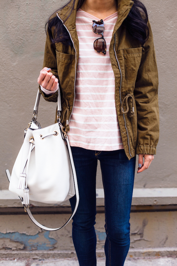 old navy striped tee, utility jacket, henri bendel, mgemi flats, christine petric, the view from 5 ft. 2