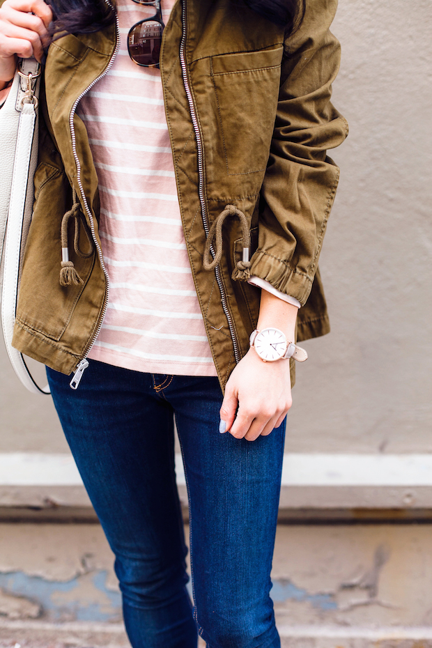 old navy striped tee, utility jacket, henri bendel, mgemi flats, christine petric, the view from 5 ft. 2