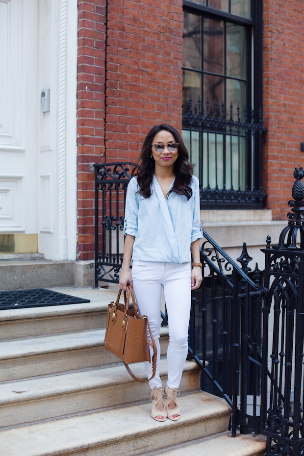 chambray crossover top, aquazurra heels, rag and bone jeans, the view from 5 ft. 2