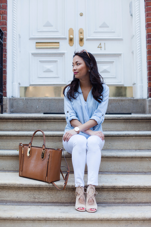 chambray crossover top, aquazurra heels, christine petric, the view from 5 ft. 2