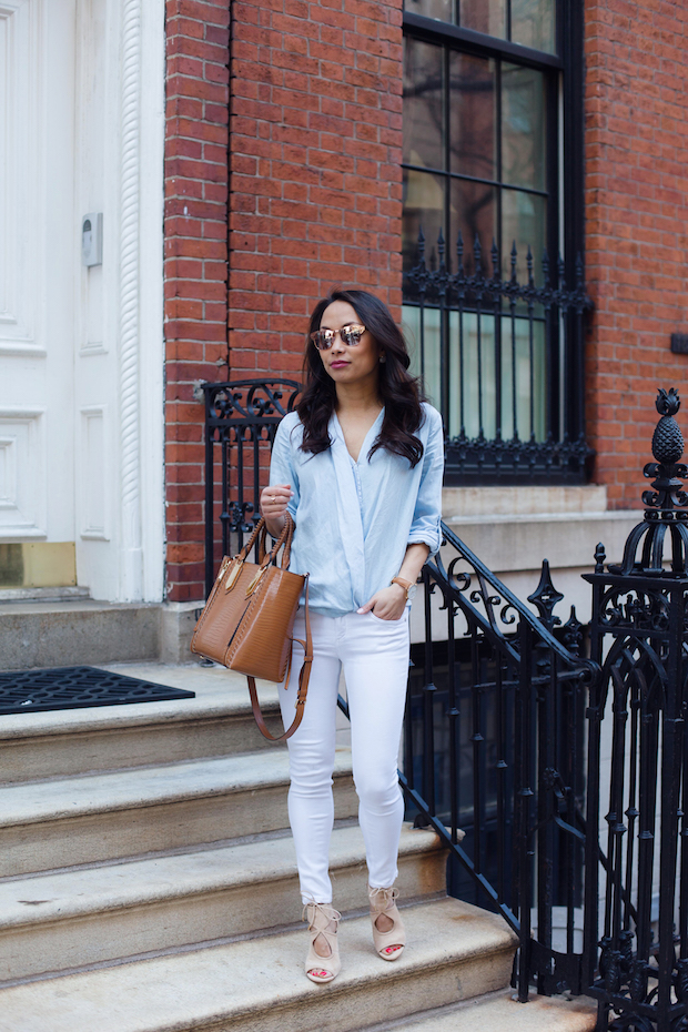 chambray crossover top, aquazurra heels, rag and bone jeans, the view from 5 ft. 2