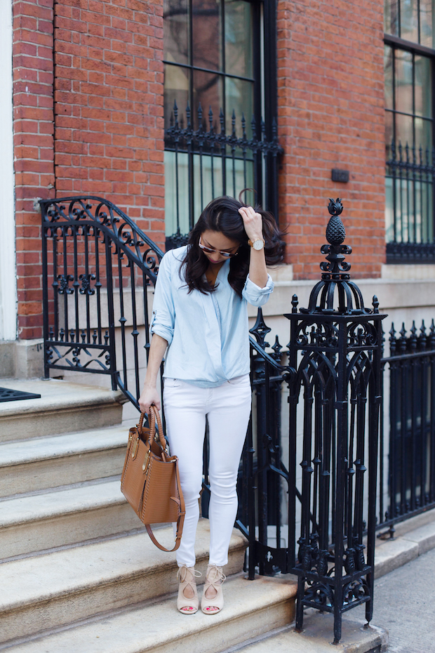 chambray crossover top, aquazurra heels, rag and bone jeans, the view from 5 ft. 2