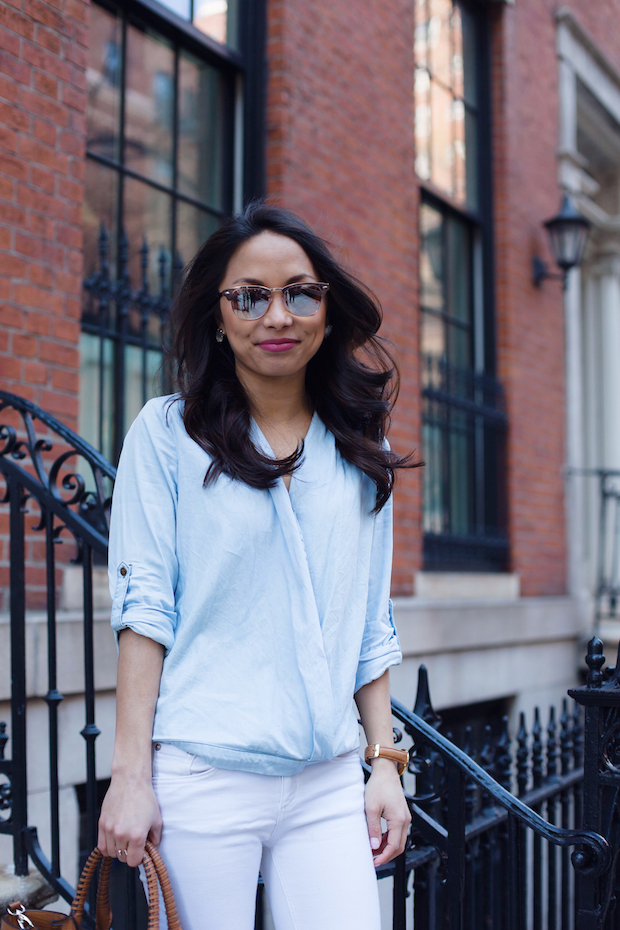 chambray crossover top, aquazurra heels, rag and bone jeans, the view from 5 ft. 2