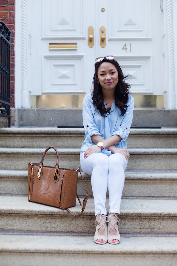 chambray crossover top, aquazurra heels, christine petric, the view from 5 ft. 2