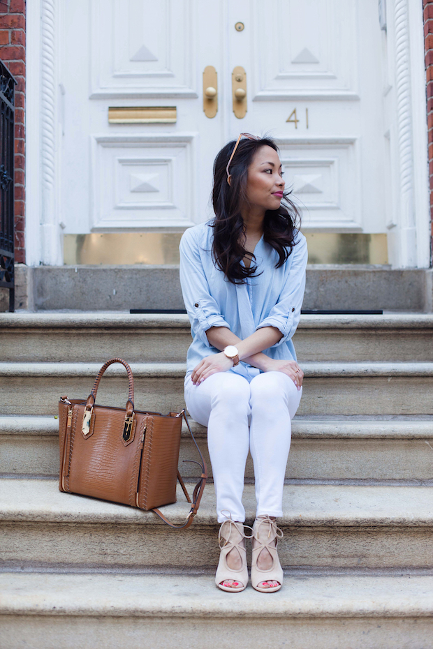 chambray crossover top, aquazurra heels, christine petric, the view from 5 ft. 2