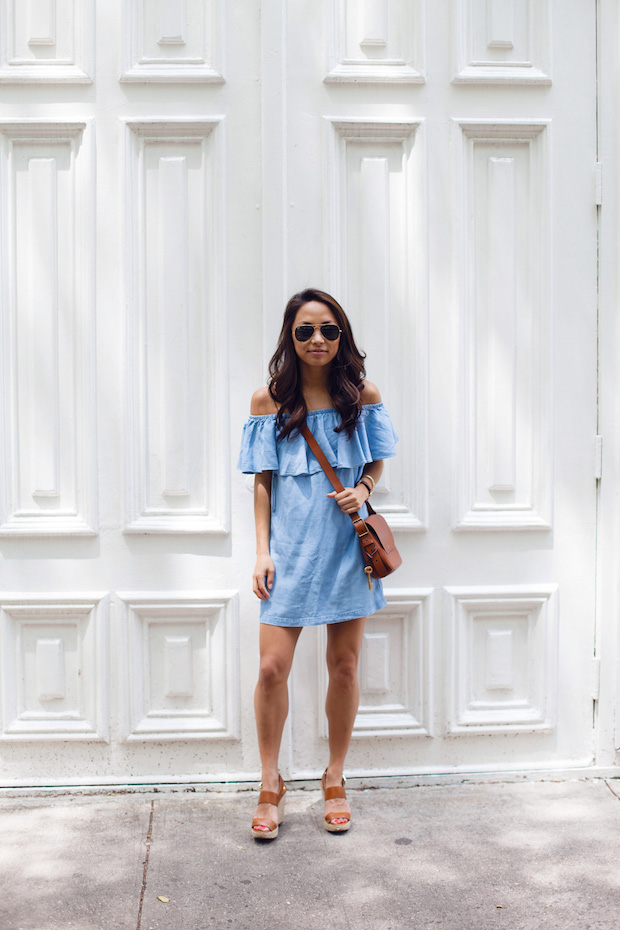 chambray off the shoulder dress, crossbody bag, summer dresses, nyc bloggers, christine petric, the view from 5 ft. 2