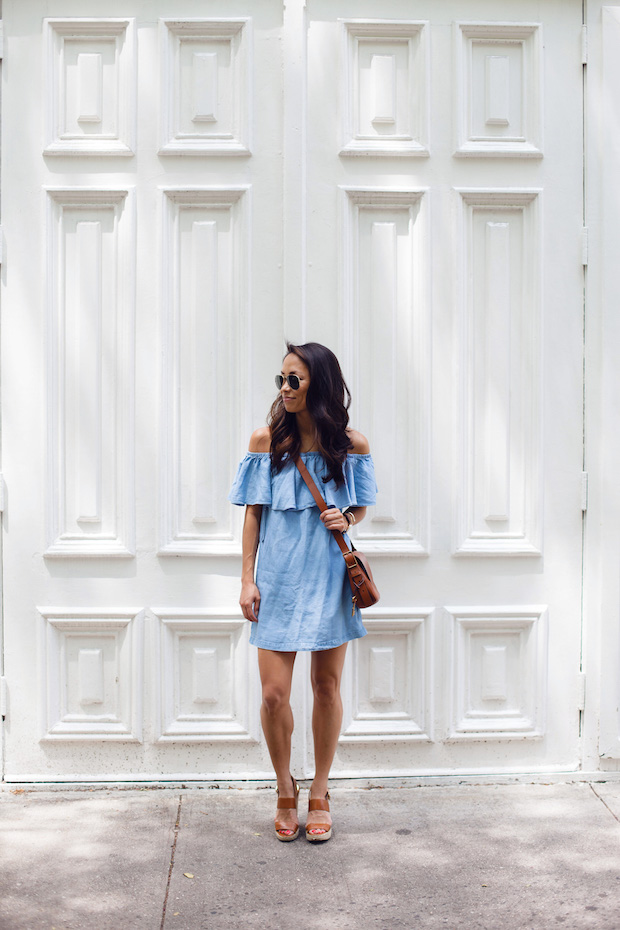 chambray off the shoulder dress, crossbody bag, summer dresses, nyc bloggers, christine petric, the view from 5 ft. 2