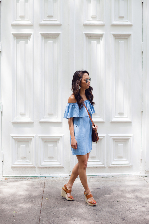 chambray off the shoulder dress, crossbody bag, summer dresses, nyc bloggers, christine petric, the view from 5 ft. 2