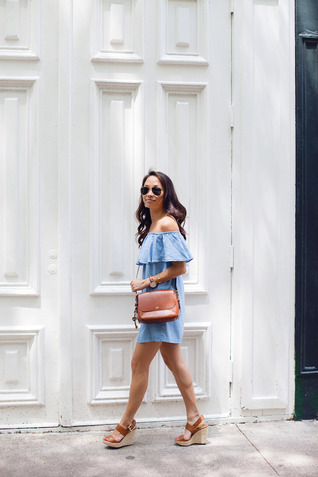 chambray off the shoulder dress, crossbody bag, summer dresses, nyc bloggers, christine petric, the view from 5 ft. 2