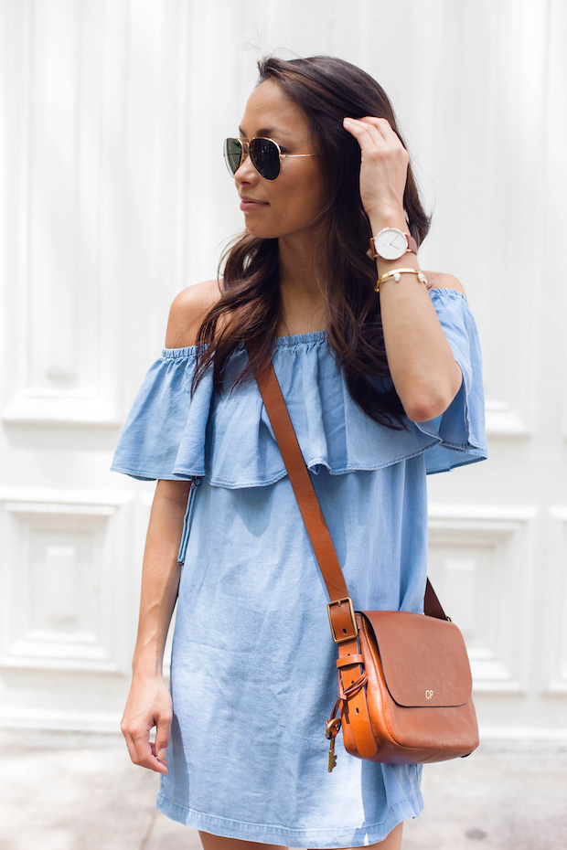 chambray off the shoulder dress, crossbody bag, summer dresses, nyc bloggers, christine petric, the view from 5 ft. 2