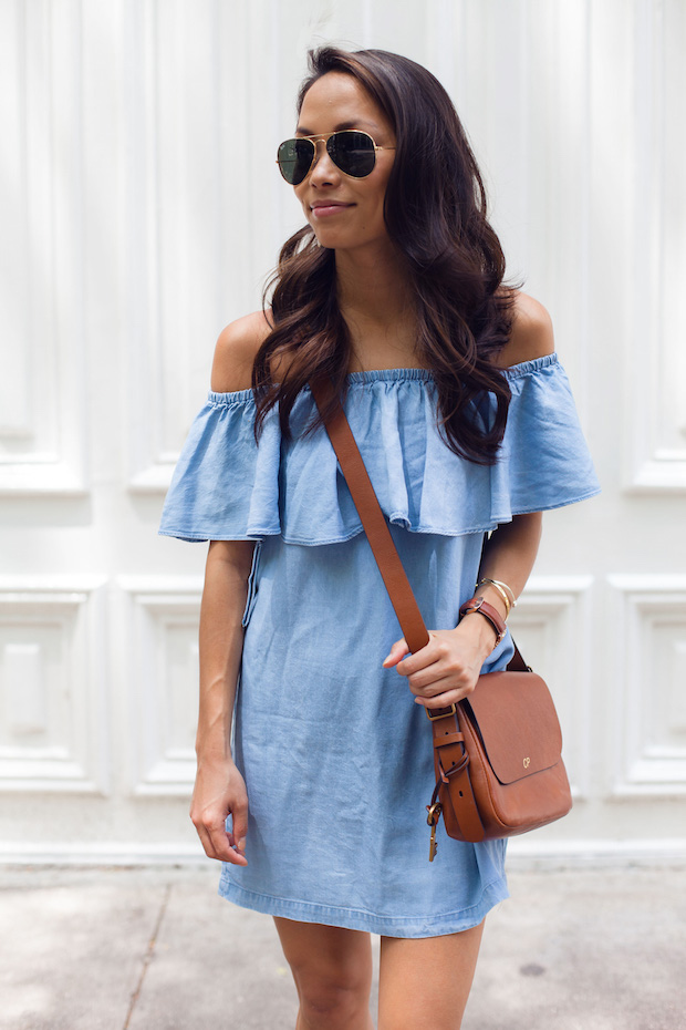 chambray off the shoulder dress, crossbody bag, summer dresses, nyc bloggers, christine petric, the view from 5 ft. 2