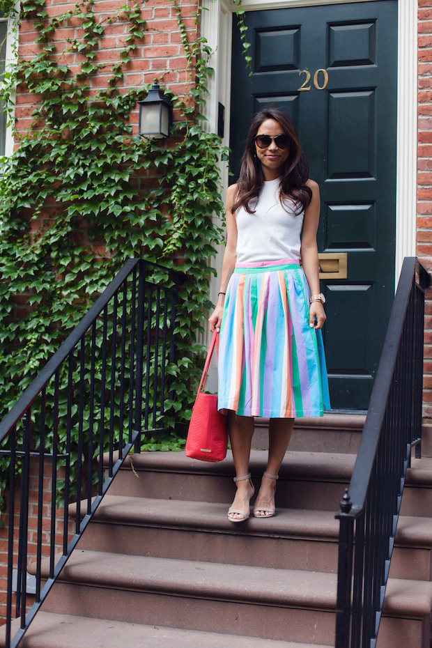 colorful midi skirt, modcloth, summer workwear, christine petric, the view from 5 ft. 2