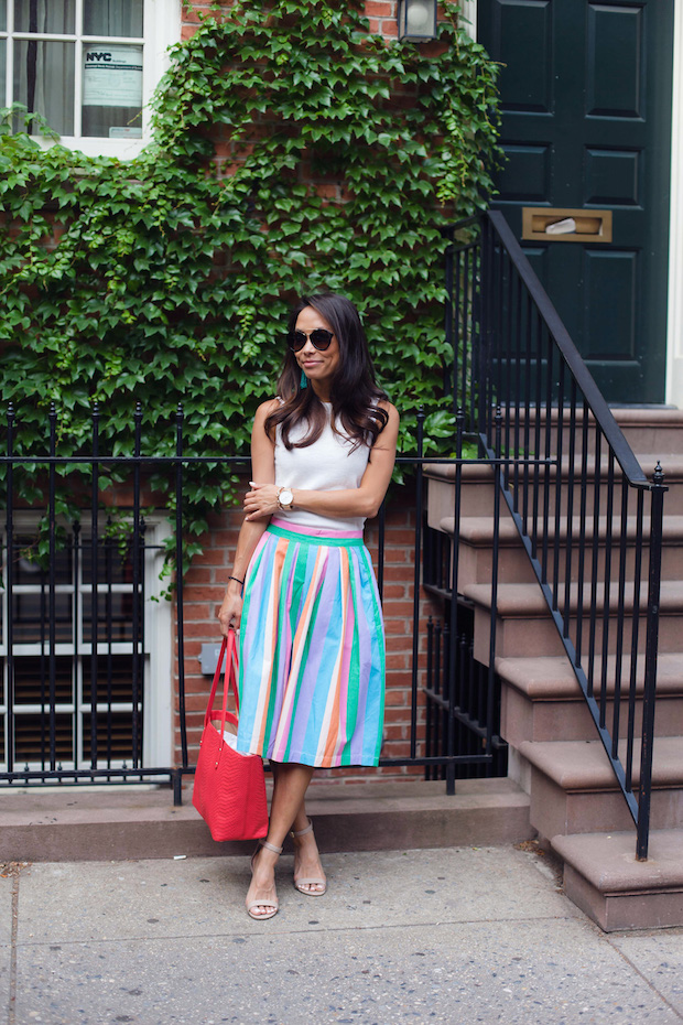 colorful midi skirt, modcloth, summer workwear, christine petric, the view from 5 ft. 2