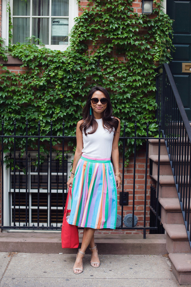 colorful midi skirt, modcloth, summer workwear, christine petric, the view from 5 ft. 2