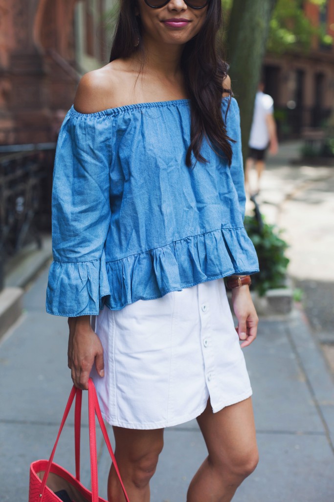 off the shoulder, chambray top, white skirt, jack wills, tory burch mules, the view from 5 ft. 2, christine petric