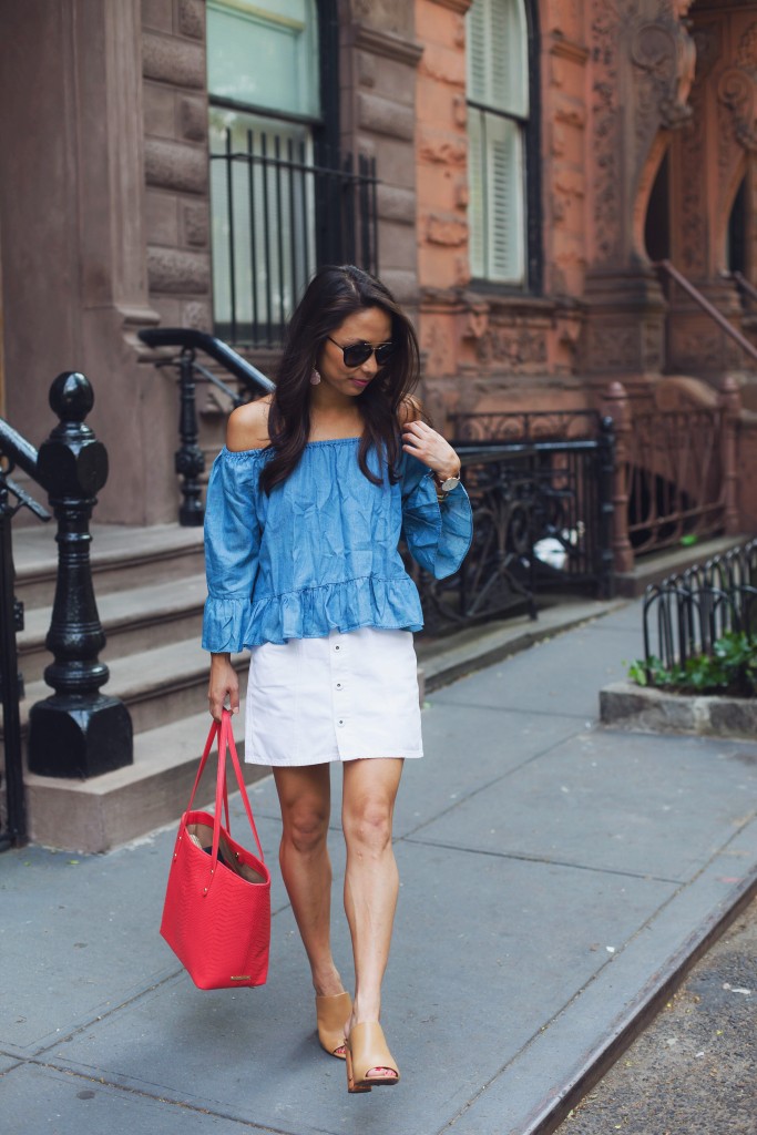 off the shoulder, chambray top, white skirt, jack wills, tory burch mules, the view from 5 ft. 2, christine petric