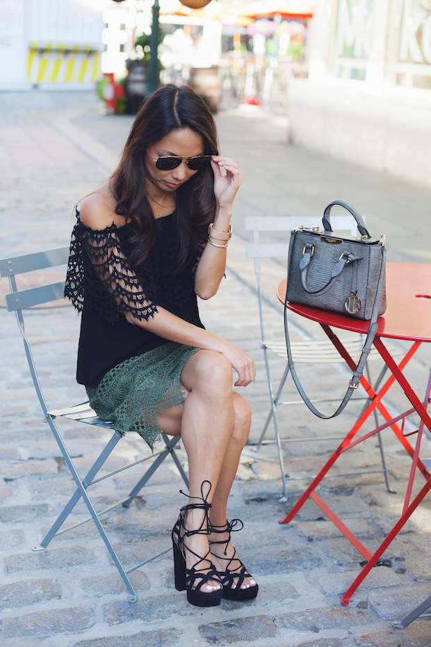 banana republic lace skirt, lace top, mgemi heels, christine petric, the view from 5 ft. 2, henri bendel satchel