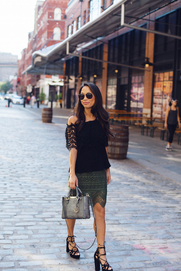 banana republic lace skirt, lace top, mgemi heels, christine petric, the view from 5 ft. 2, henri bendel satchel