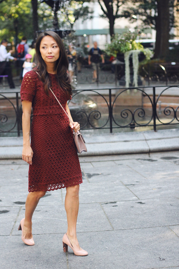 lace dress, ann taylor, block heels, christine petric, the view from 5 ft. 2