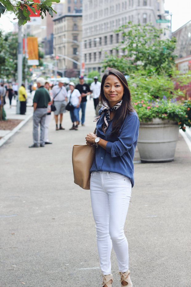 how to wear a neck scarf, white jeans, equipment blouse, christine petric, the view from 5 ft. 2