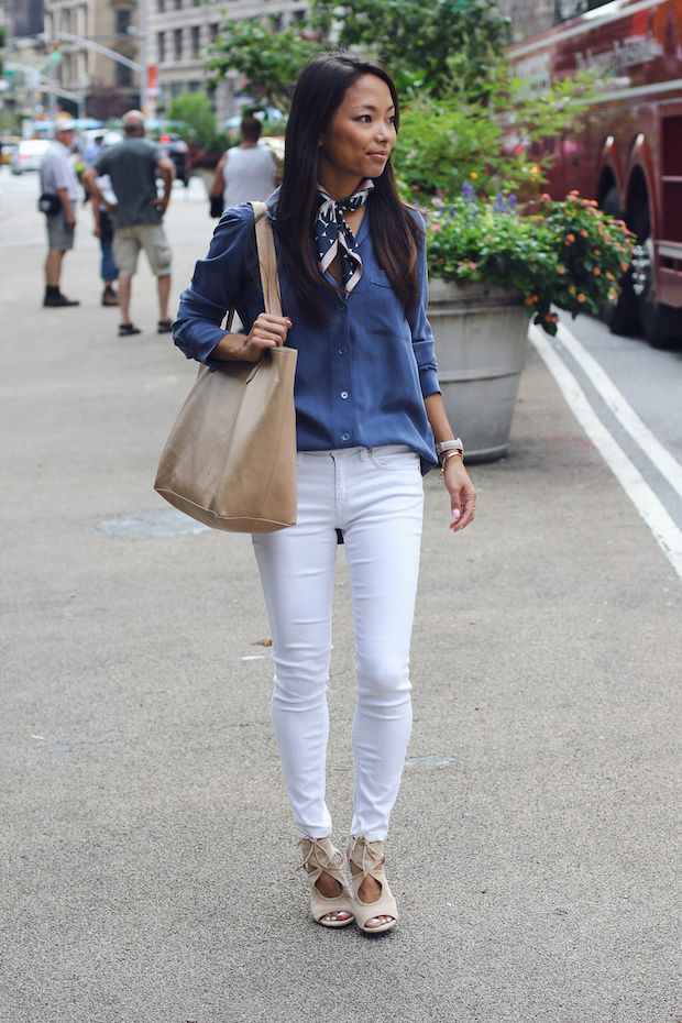 how to wear a neck scarf, white jeans, equipment blouse, christine petric, the view from 5 ft. 2