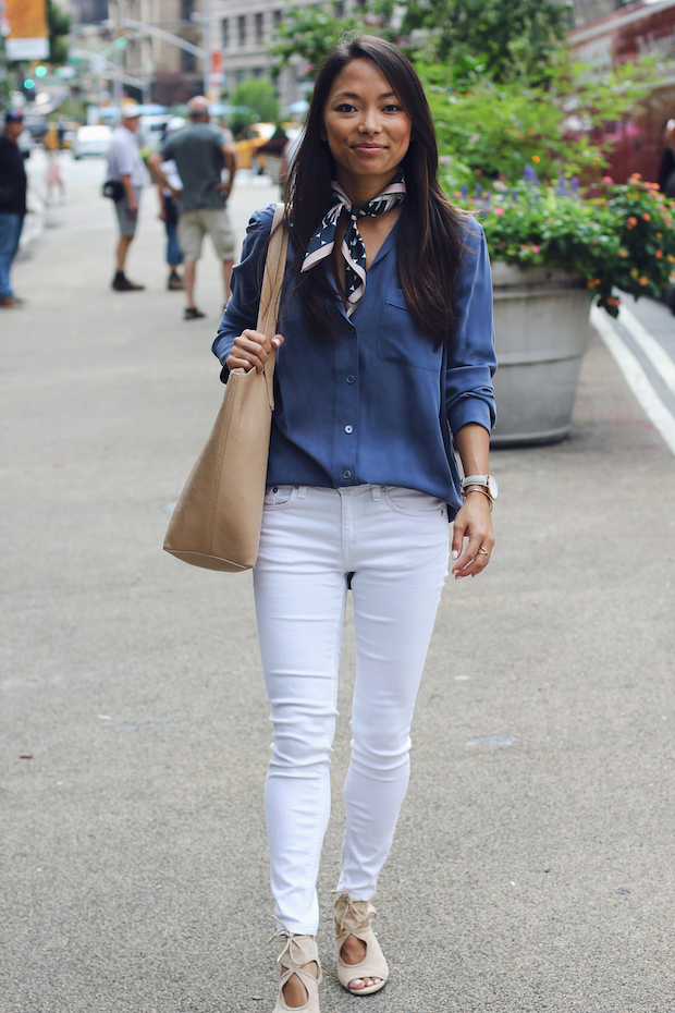 how to wear a neck scarf, white jeans, equipment blouse, christine petric, the view from 5 ft. 2