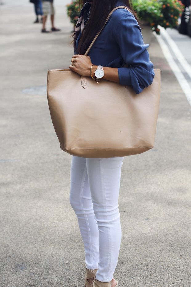 how to wear a neck scarf, white jeans, equipment blouse, christine petric, the view from 5 ft. 2