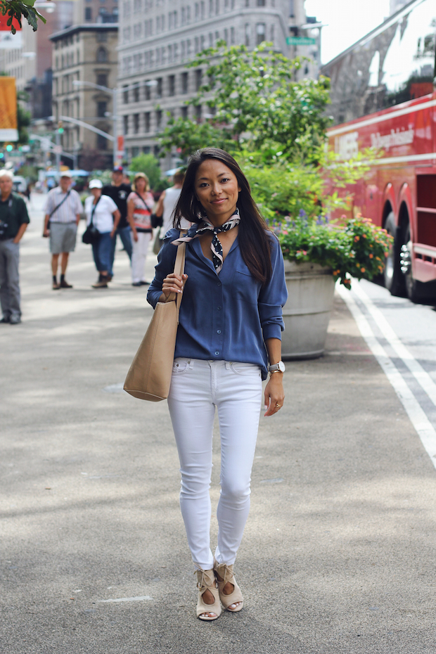 how to wear a neck scarf, white jeans, equipment blouse, christine petric, the view from 5 ft. 2