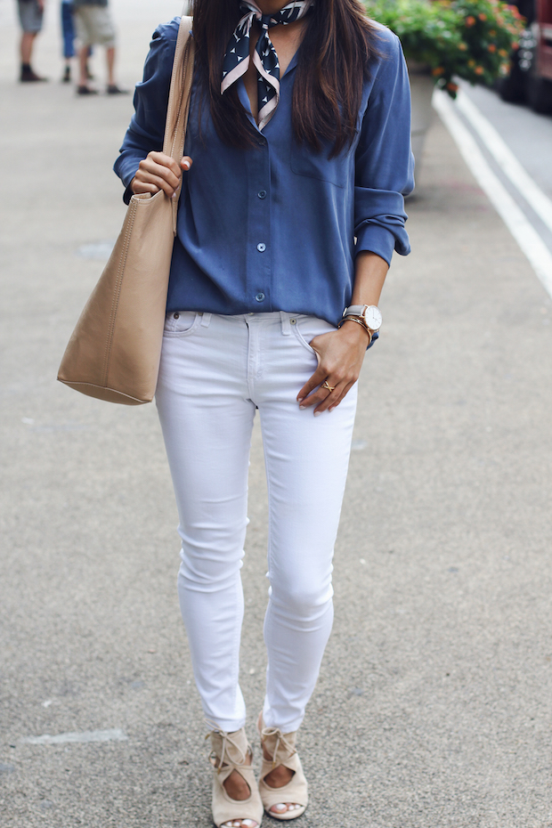 how to wear a neck scarf, white jeans, equipment blouse, christine petric, the view from 5 ft. 2