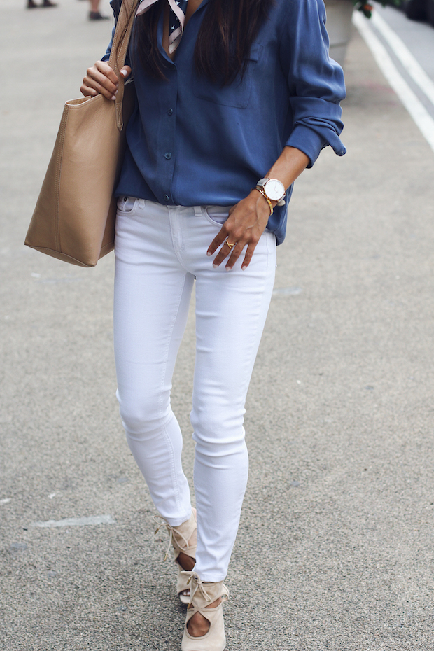 how to wear a neck scarf, white jeans, equipment blouse, christine petric, the view from 5 ft. 2