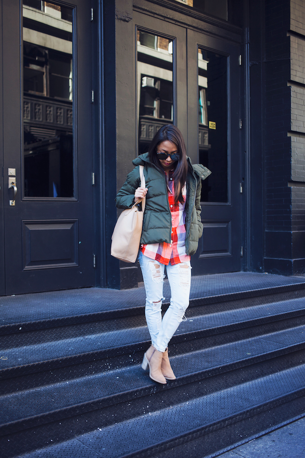 plaid shirt, old navy, puffer jacket, christine petric, the view from 5 ft. 2