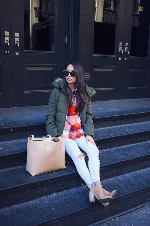 plaid shirt, old navy, puffer jacket, christine petric, the view from 5 ft. 2