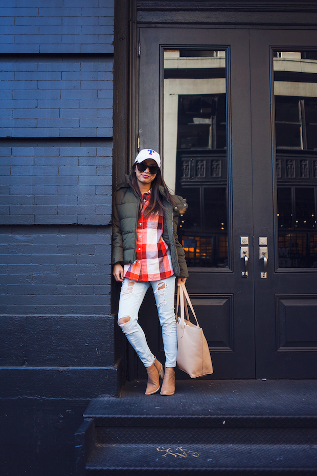 plaid shirt, old navy, puffer jacket, christine petric, the view from 5 ft. 2