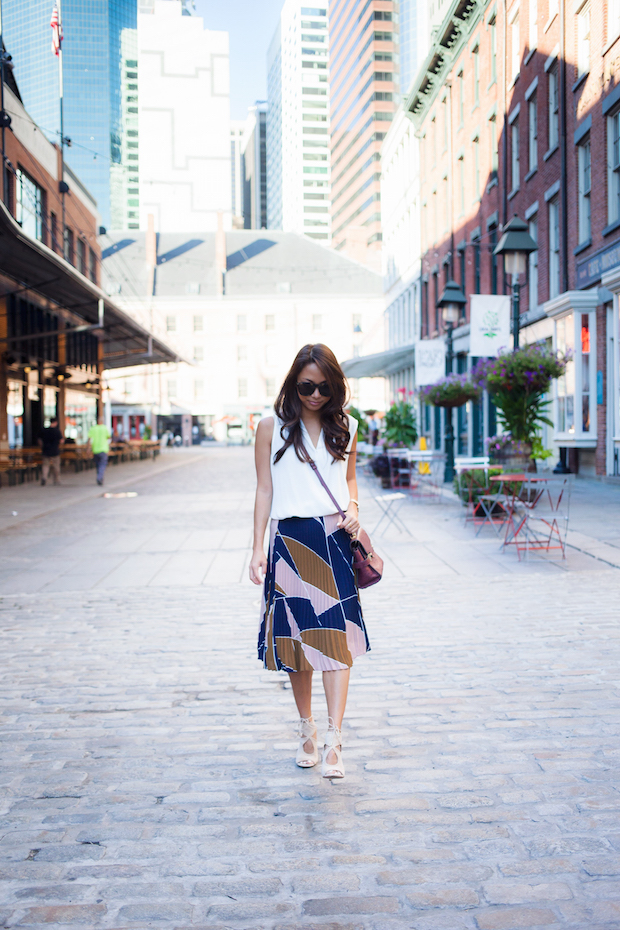 pleated skirt, ann taylor, aquazzura heels, henri bendel, christine petric, the view from 5 ft. 2