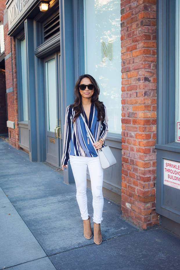 striped blouse, ann taylor, white jeans, vince booties, lo and sons, christine petric, the view from 5 ft. 2