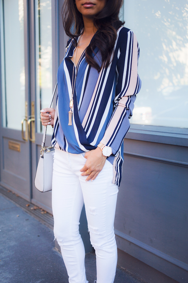 striped blouse, ann taylor, white jeans, vince booties, lo and sons, christine petric, the view from 5 ft. 2