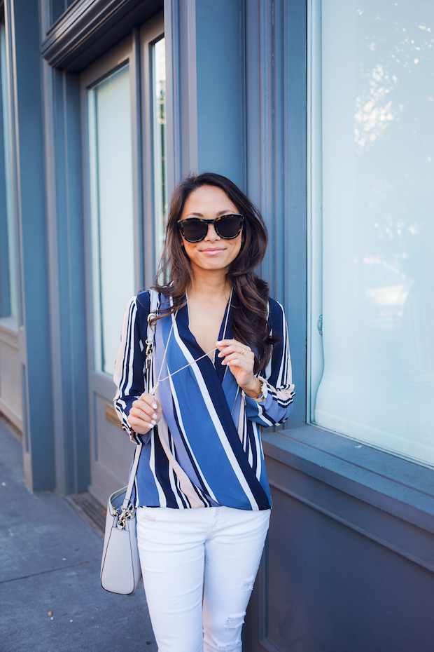 striped blouse, ann taylor, white jeans, vince booties, lo and sons, christine petric, the view from 5 ft. 2