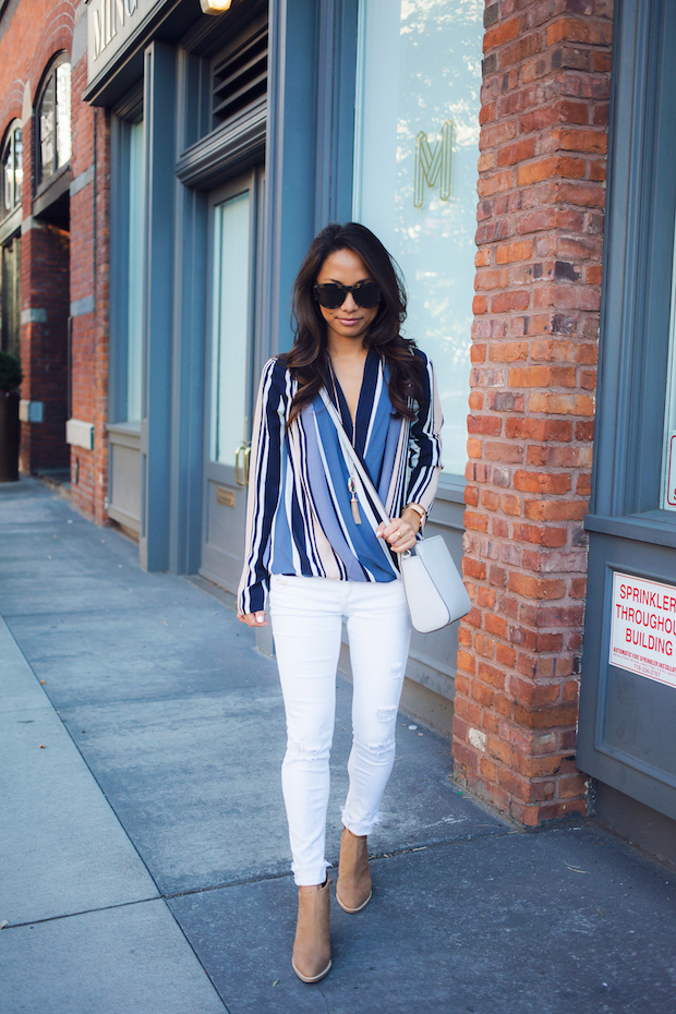 striped blouse, ann taylor, white jeans, vince booties, lo and sons, christine petric, the view from 5 ft. 2