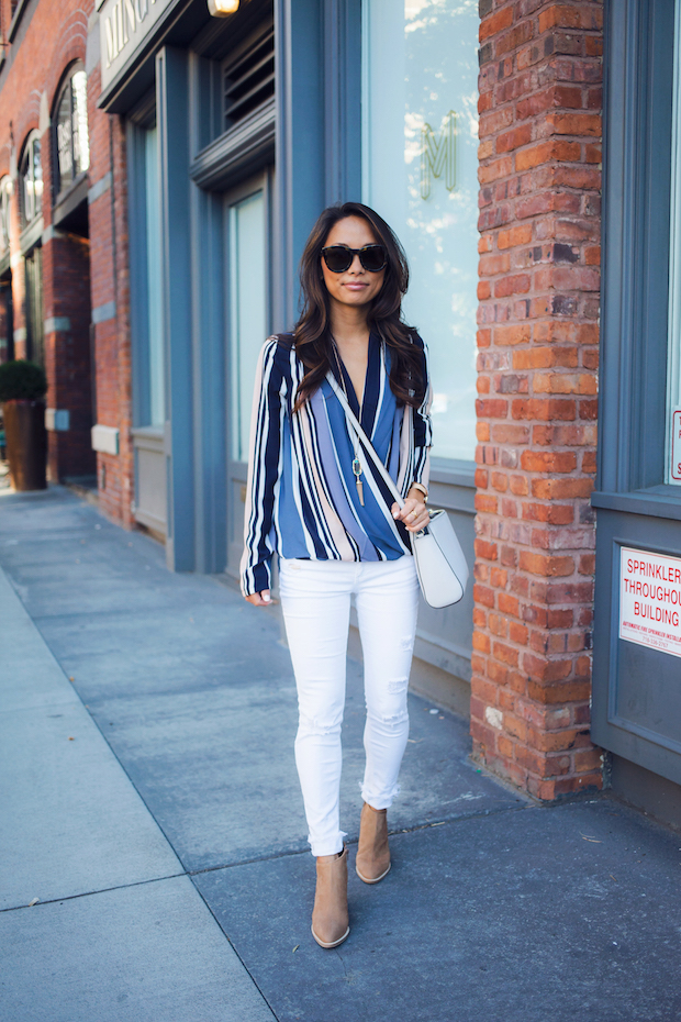 striped blouse, ann taylor, white jeans, vince booties, lo and sons, christine petric, the view from 5 ft. 2