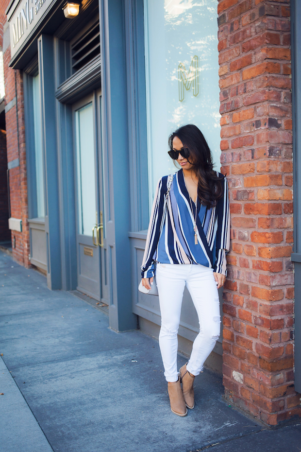 striped blouse, ann taylor, white jeans, vince booties, lo and sons, christine petric, the view from 5 ft. 2