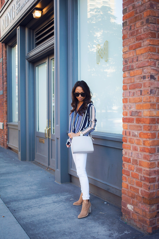 striped blouse, ann taylor, white jeans, vince booties, lo and sons, christine petric, the view from 5 ft. 2