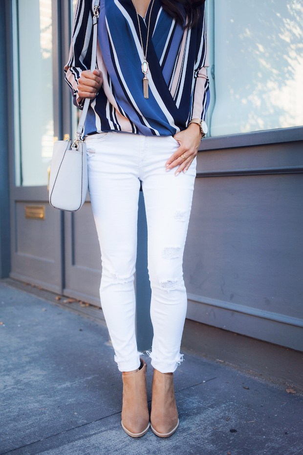 striped blouse, ann taylor, white jeans, vince booties, lo and sons, christine petric, the view from 5 ft. 2