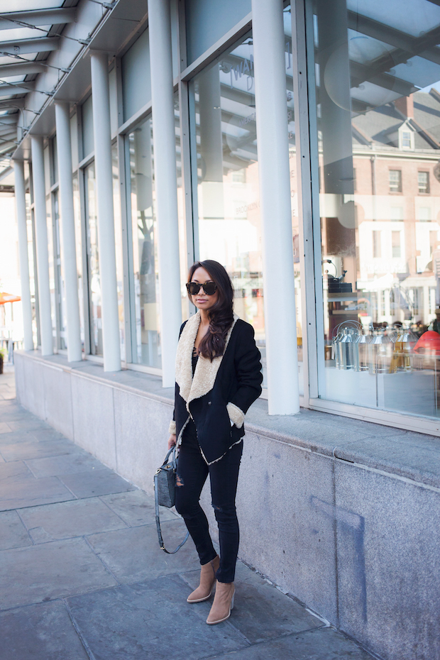 shearling jacket, shearling waterfall jacket, bernardo outerwear, the view from 5 ft. 2, ripped jeans, fall booties