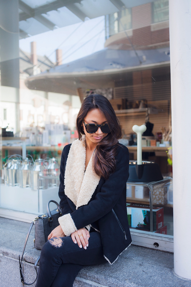 shearling jacket, shearling waterfall jacket, bernardo outerwear, the view from 5 ft. 2, ripped jeans, fall booties