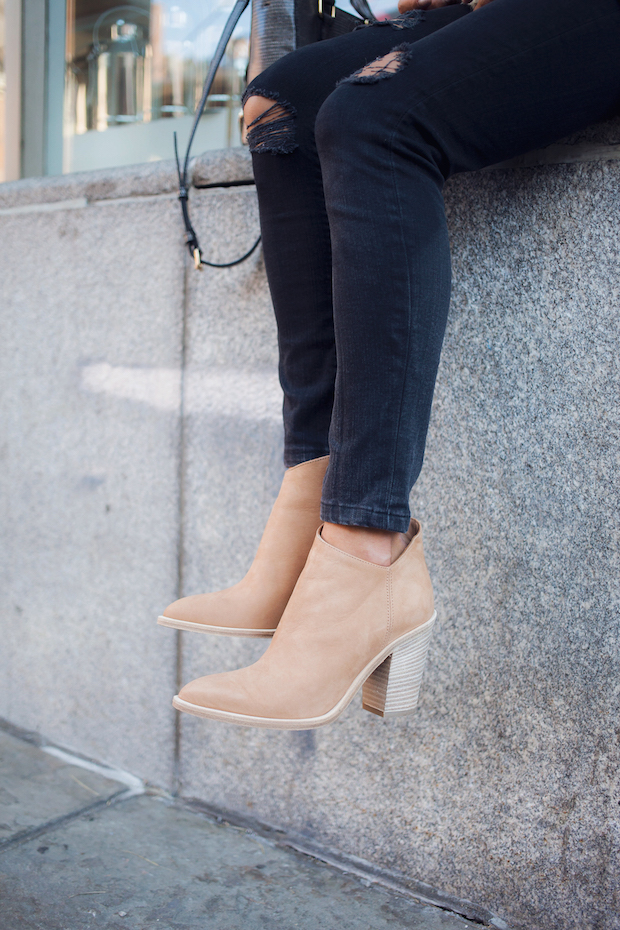 shearling jacket, shearling waterfall jacket, bernardo outerwear, the view from 5 ft. 2, ripped jeans, fall booties