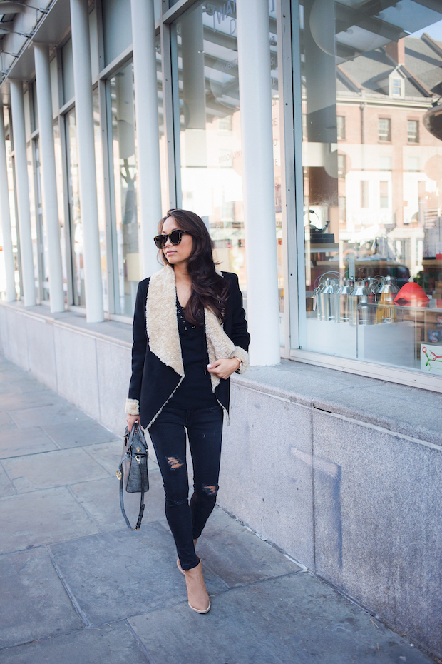 shearling jacket, shearling waterfall jacket, bernardo outerwear, the view from 5 ft. 2, ripped jeans, fall booties