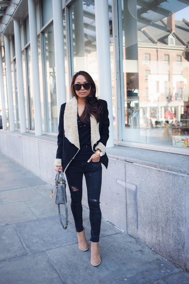 shearling jacket, shearling waterfall jacket, bernardo outerwear, the view from 5 ft. 2, ripped jeans, fall booties